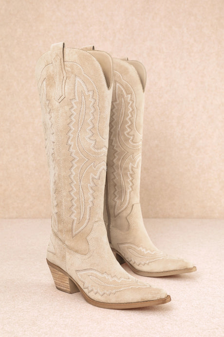 Tess Western Embroidered Pointed-Toe Tall Boots in Beige