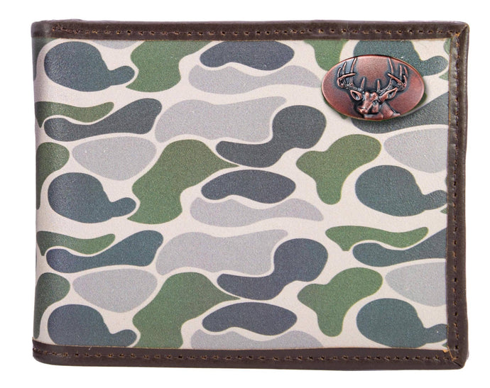 Buck Men's Bifold Old School Camo Leather Wallet:Green/Gray