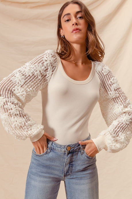 Yesterday Rib Knit Top with Lace Balloon Sleeves in Ivory