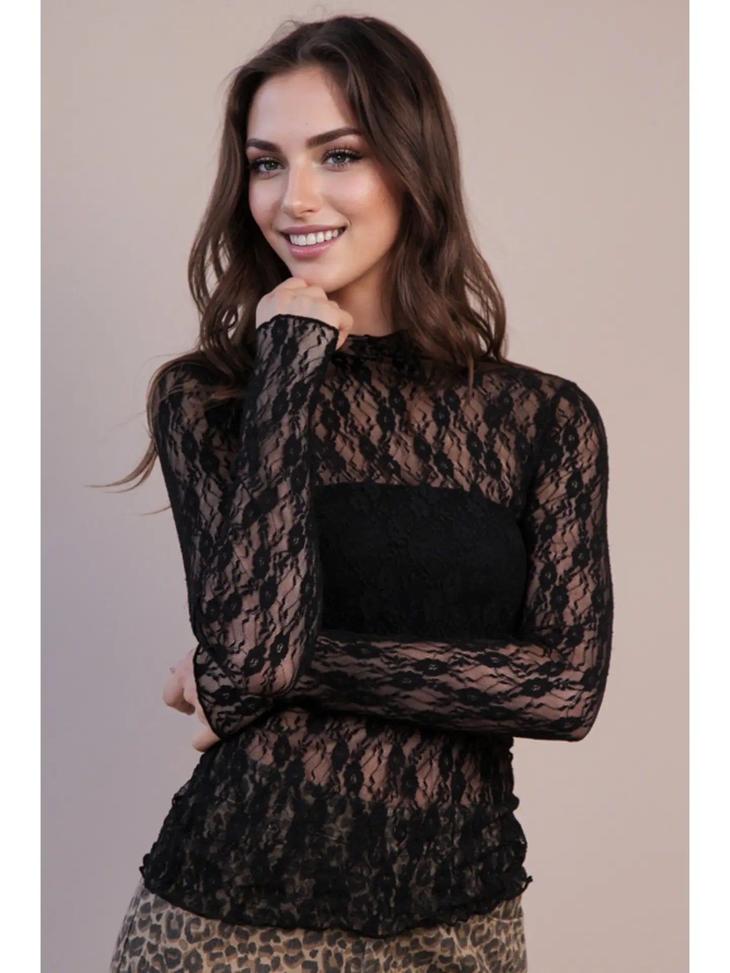 Come On Fitted Sheer Mesh Lace Top in Black