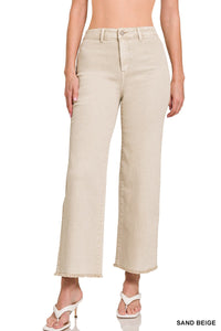 Never Say Acid Washed Frayed Cutoff Hem Pants in Sand Beige