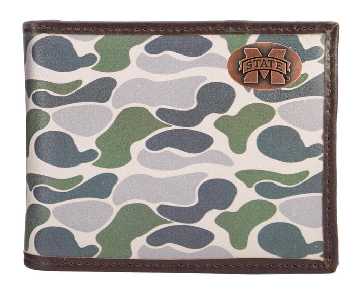 Mississippi State Bulldogs Bifold Old School Camo Leather Wallet: Green/Gray