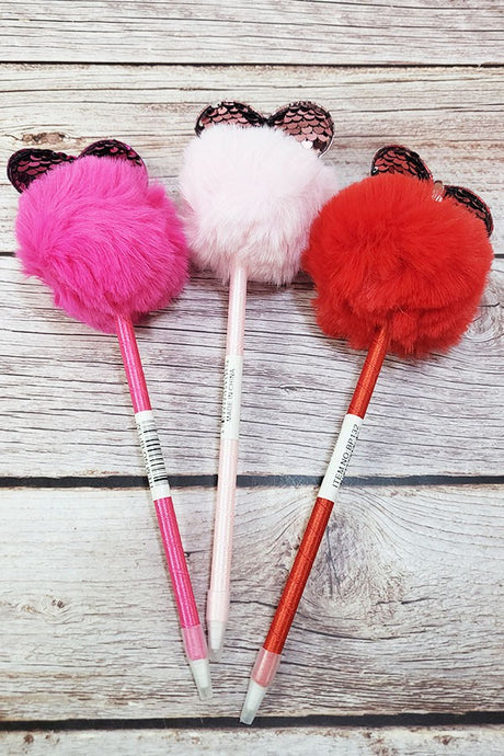 Heart Sequin Pom Pom Pen Red