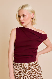 Ready To Go Asymmetrical Neck Sweater Top in Burgundy