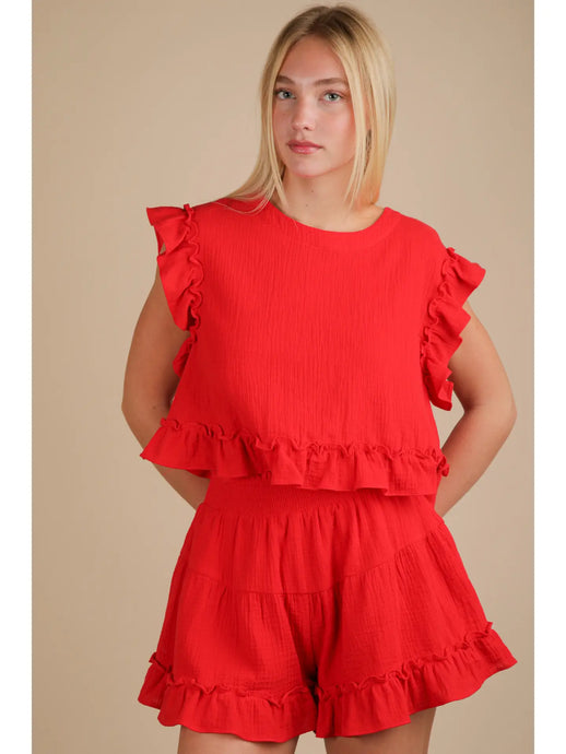 Take It Easy Ruffled Woven Top & Shorts Set