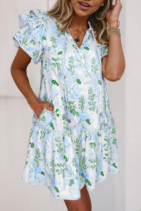 Swept Off My Feet Flutter Sleeve Floral Dress in Sky Blue