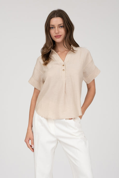 What Dreams Are Made Of Half Button Short Sleeve Shirt in Oatmeal