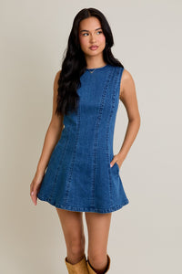 Heard It All Round Neck Sleeveless Denim Dress