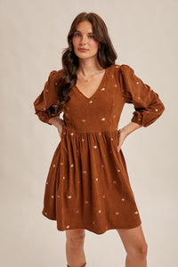 Same As Me Floral Embroidered Corduroy Mini Dress in Mocha
