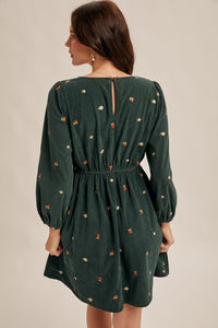 Same As Me Floral Embroidered Corduroy Mini Dress Hunter Green