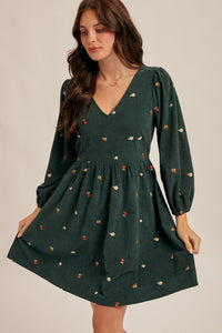 Same As Me Floral Embroidered Corduroy Mini Dress Hunter Green