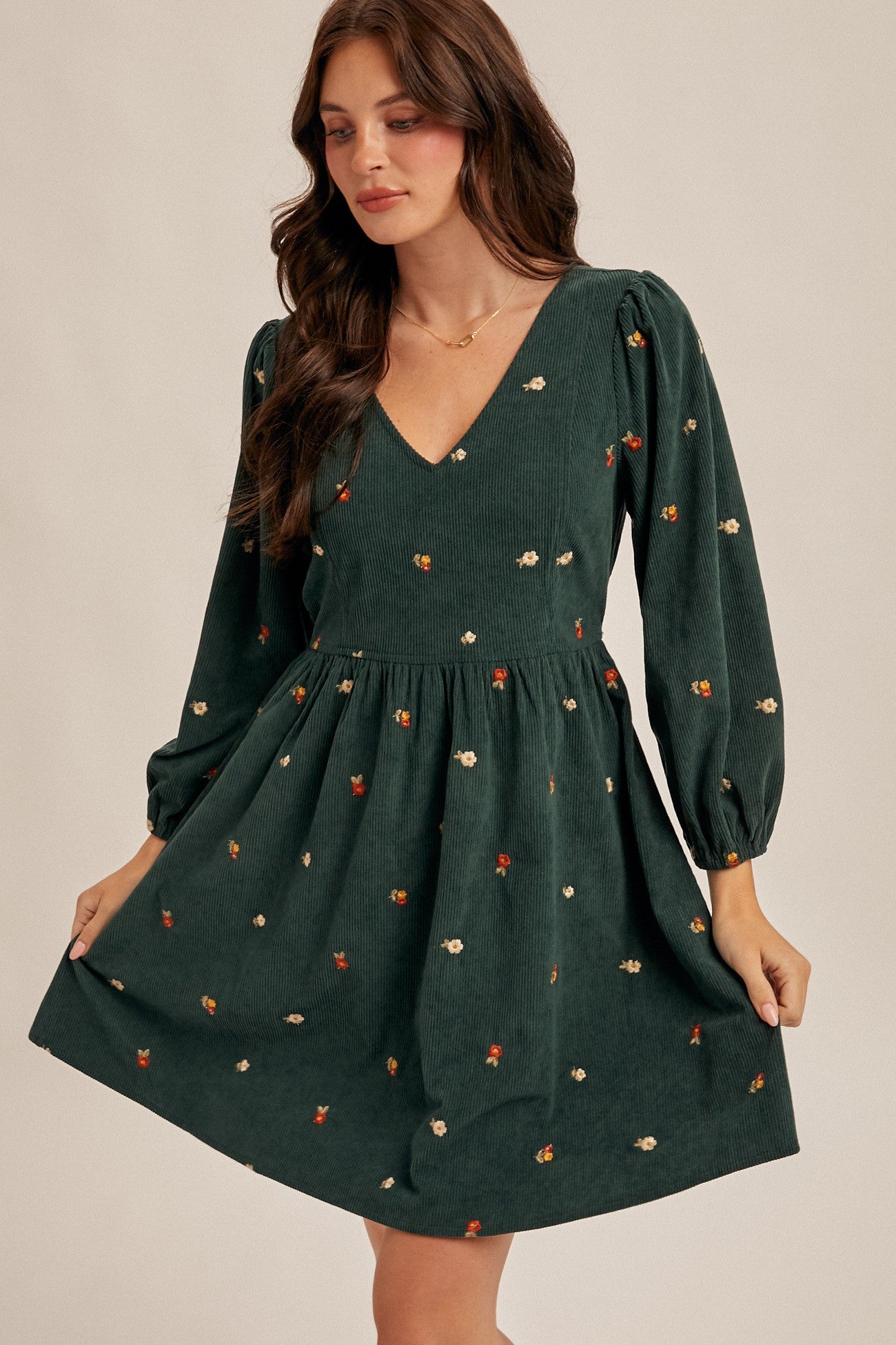 Same As Me Floral Embroidered Corduroy Mini Dress Hunter Green