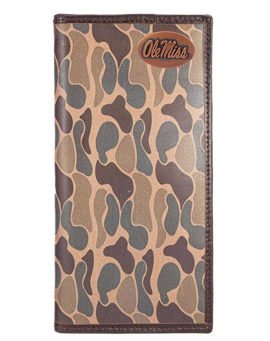 Ole Miss Rebels Secretary Old School Camo Leather Wallet: Brown/Tan