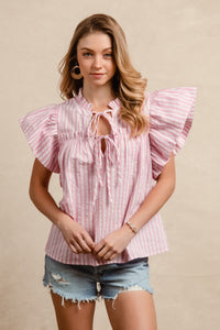 Make A Way Stripe Woven Ruffled Sleeve Front Bow Top