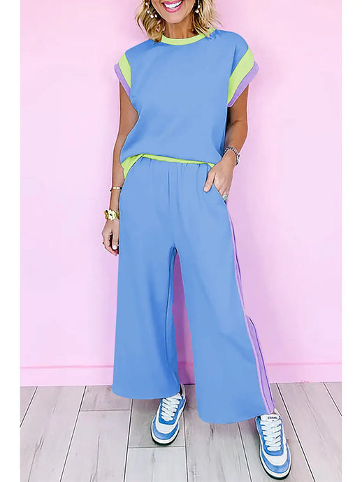 Crazy And Cute Colorblock Pullover And Pants Set in Sky Blue