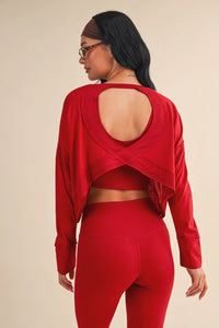 Some Never Do Cotton Slub Cutout Back LS Top in Cherry