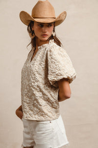All You'll Ever Need Floral Texture Short Balloon Sleeve Top