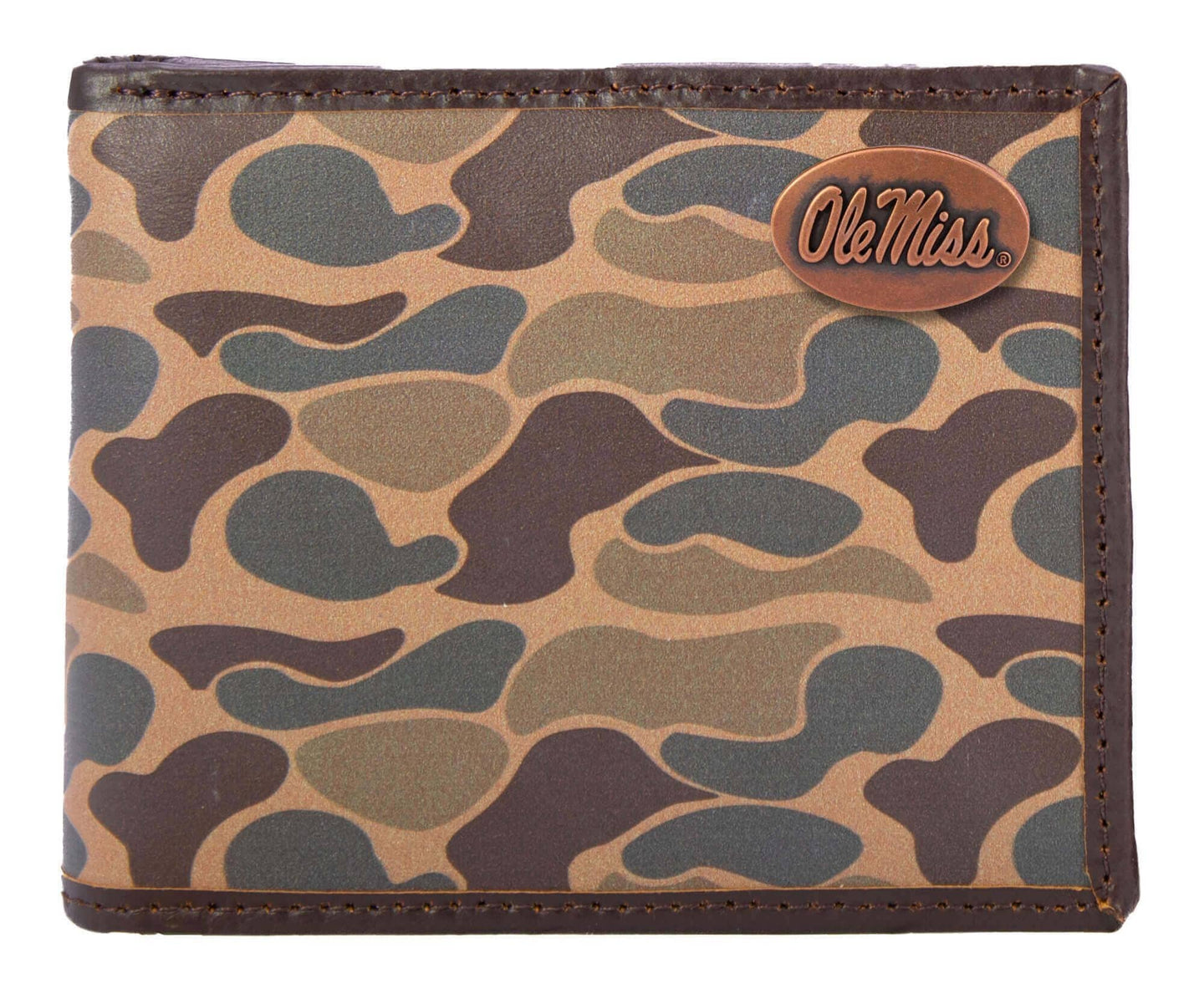 Ole Miss Rebels Men's Bifold Old School Camo Leather Wallet.: Brown/Tan Camo