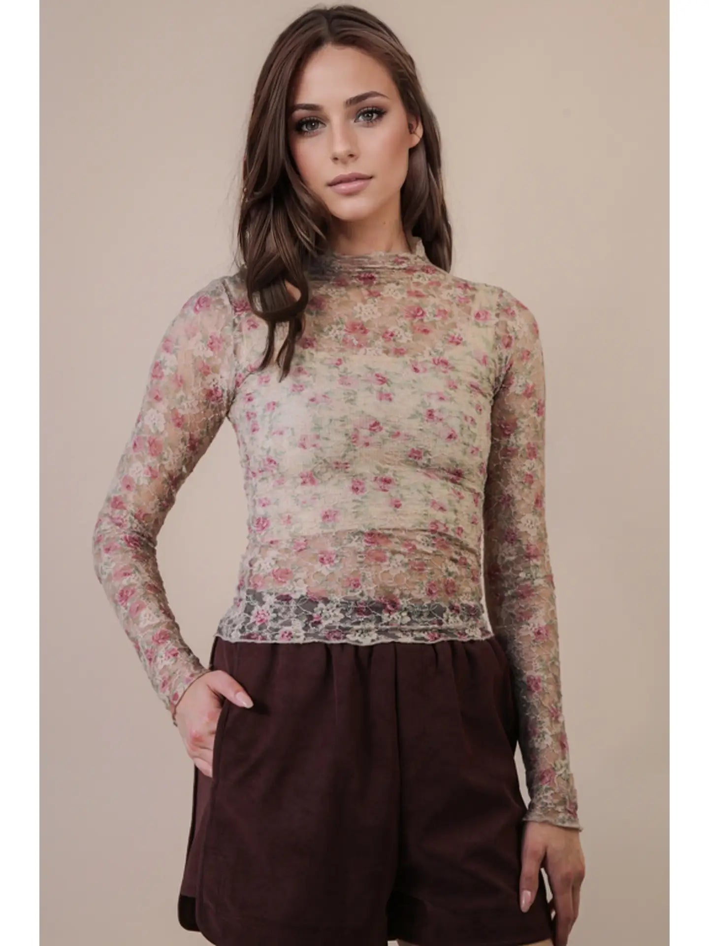 Come On Fitted Sheer Mesh Lace Top in Beige Floral