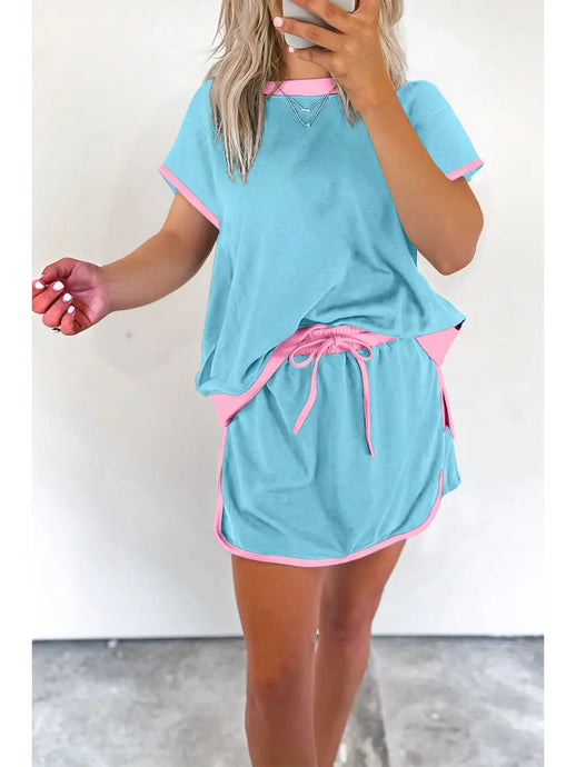 Run To You Colorblock T-Shirt And Skirt Set in Turquoise