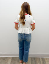 Load image into Gallery viewer, Looking Like A Star Embroidered Tie Puff Trim Top