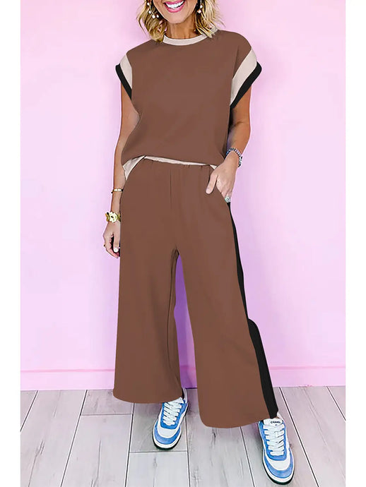 Crazy And Cute Colorblock Pullover And Pants Set in Chestnut