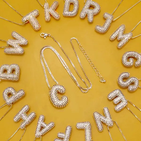 Initial Pave Rhinestone Bubble Balloon Gold Necklace