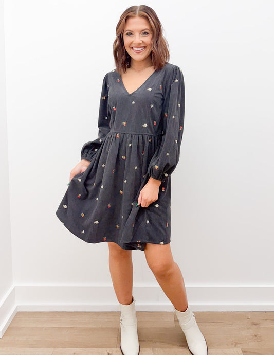 Same As Me Floral Embroidered Corduroy Mini Dress in Charcoal