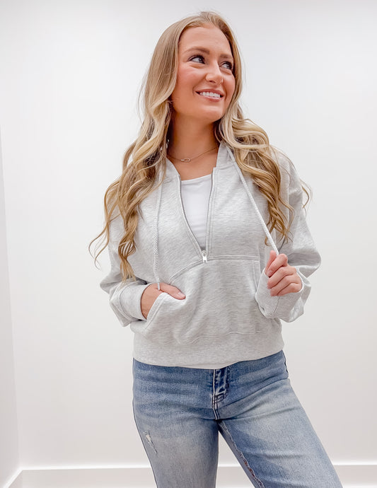 Loving How I Am Living Basic Fleece Half Zip Hoodie in Ice Grey