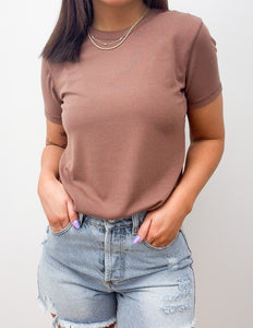 Just Your Basic Ribbed Knit T-Shirt in Red Bean