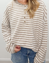 Load image into Gallery viewer, Be Mine Button Henley Stripe LS Sweater in Mocha