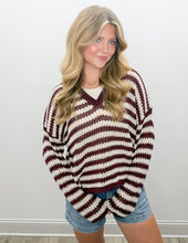 Load image into Gallery viewer, Trying To Find Stripe Split Neck Sheer Knit Sweater