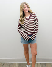 Load image into Gallery viewer, Trying To Find Stripe Split Neck Sheer Knit Sweater