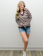 Load image into Gallery viewer, Trying To Find Stripe Split Neck Sheer Knit Sweater