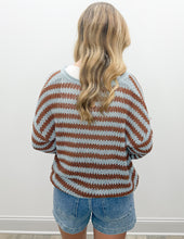 Load image into Gallery viewer, Trying To Find Stripe Split Neck Sheer Knit Sweater in Lt Blue