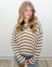 Load image into Gallery viewer, Trying To Find Stripe Split Neck Sheer Knit Sweater in Mocha