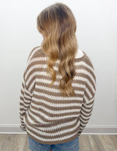 Load image into Gallery viewer, Trying To Find Stripe Split Neck Sheer Knit Sweater in Mocha
