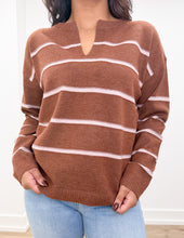 Load image into Gallery viewer, All Messed Up Stripe V-Neck Sweater Top in Brown/Pink