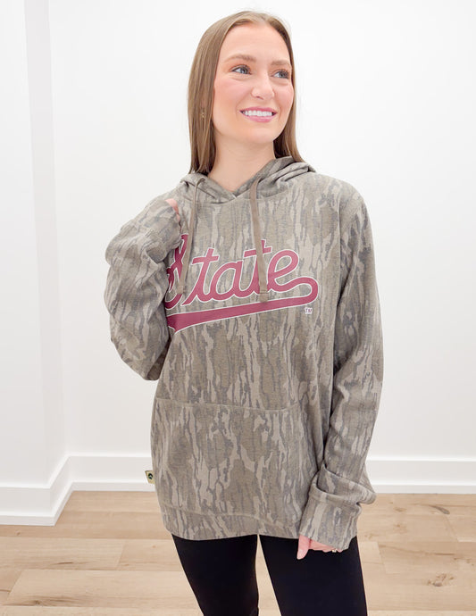 Maroon State Script Mossy Oak Hoodie