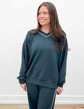 Load image into Gallery viewer, Modal Scuba V-Neck Piping Top in Midnight Green