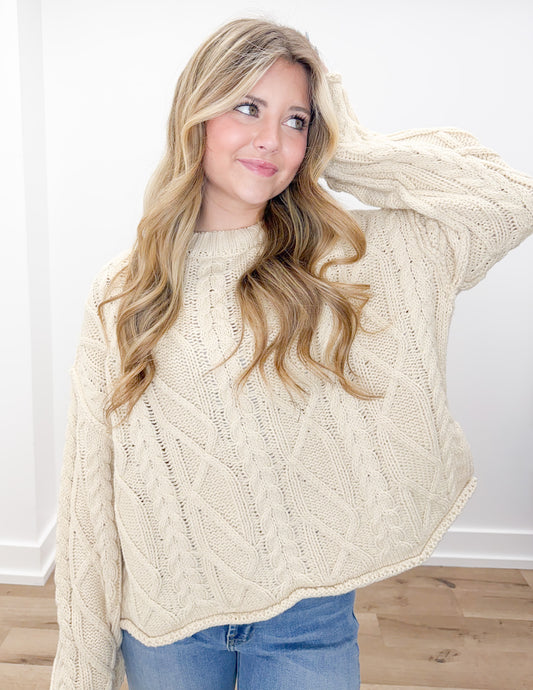 Hanging Around Oversized Cable Knit Sweater in Cream