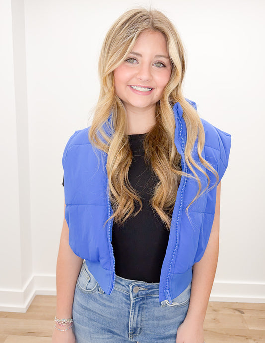 Saying Nothing More Crop Puffer Vest in Blue