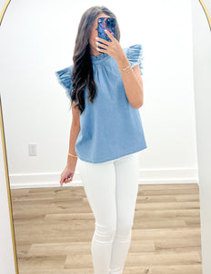 So Simple Now Denim Ruffle Sleeves Top