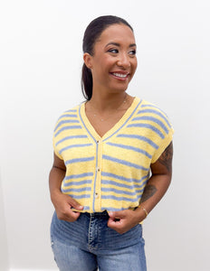 Spring Days Stripped Button-Up Sweater Top in Lemon/Blue