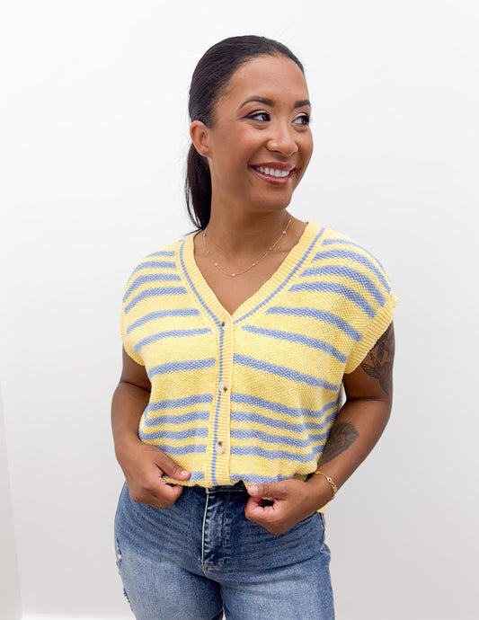 Spring Days Stripped Button-Up Sweater Top in Lemon/Blue