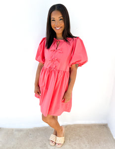 One Step Closer Bubble Sleeve Dress in Coral