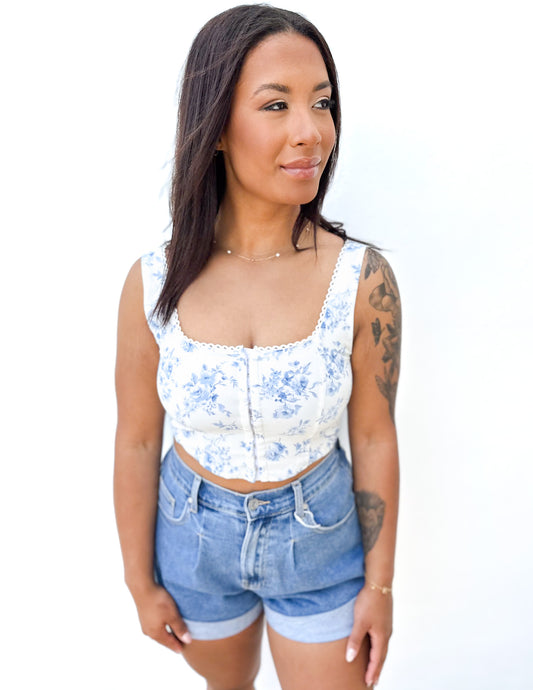 Funky Floral Sleeveless Crop Top in Blue Multi