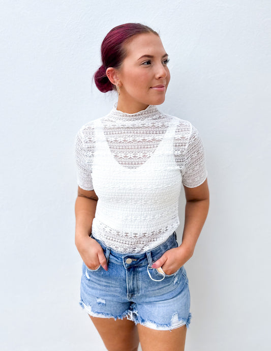 Soft Girl Era Lace Mock Neck Knit Top