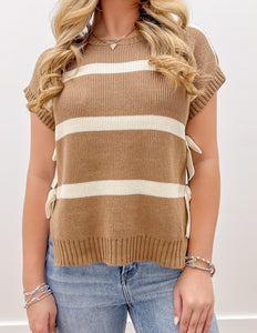 Never Fall In Love Side Tie SS Knit Sweater in Light Brown