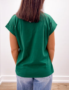 That's Crazy Round Neck Folded SS Top in Dark Green